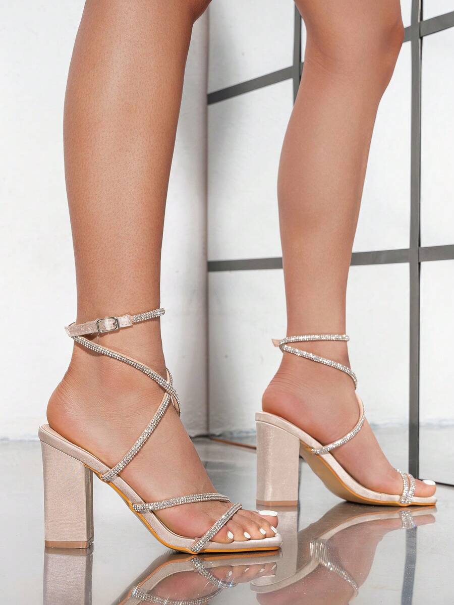 Sandal Strappy Heeled - Womens Rhinestone Strappy Square Toe Block