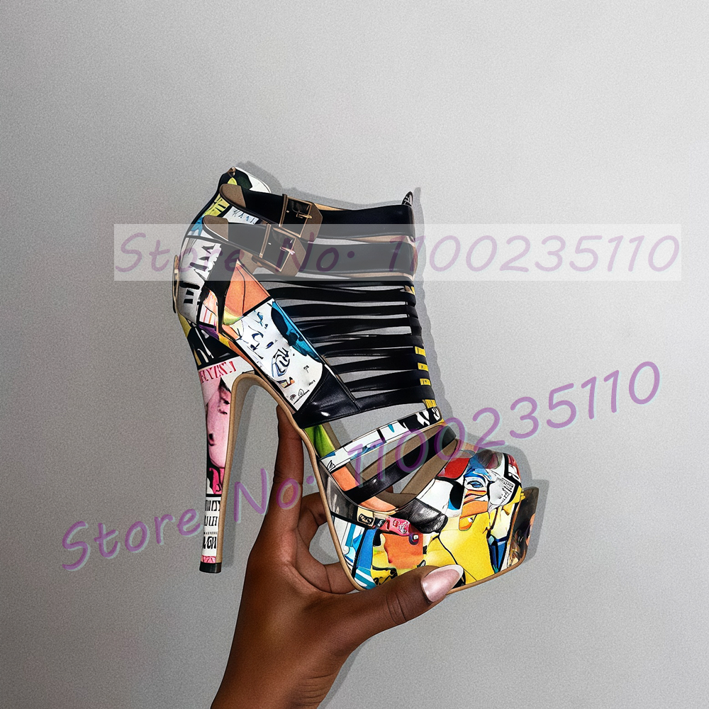 Colorful Graffiti Black Strapp - Sandal Strappy Heeled avis et prix