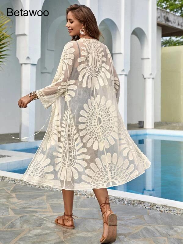 Women White Boho Floral Hollow - Kimono Sheer Floral avis et prix
