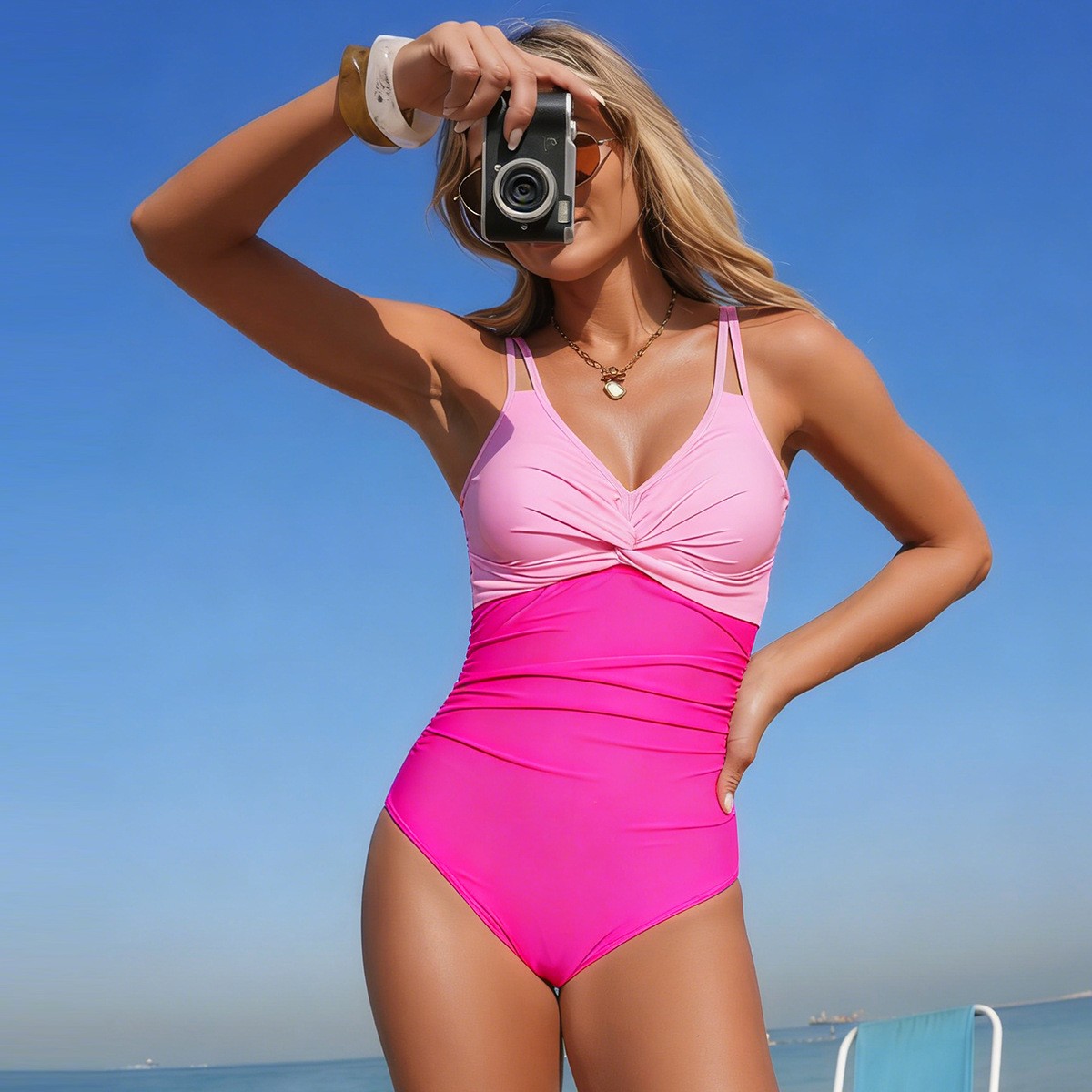 V Neck Twist Front One Piece S - Swimsuit Bikini Ruched avis et prix