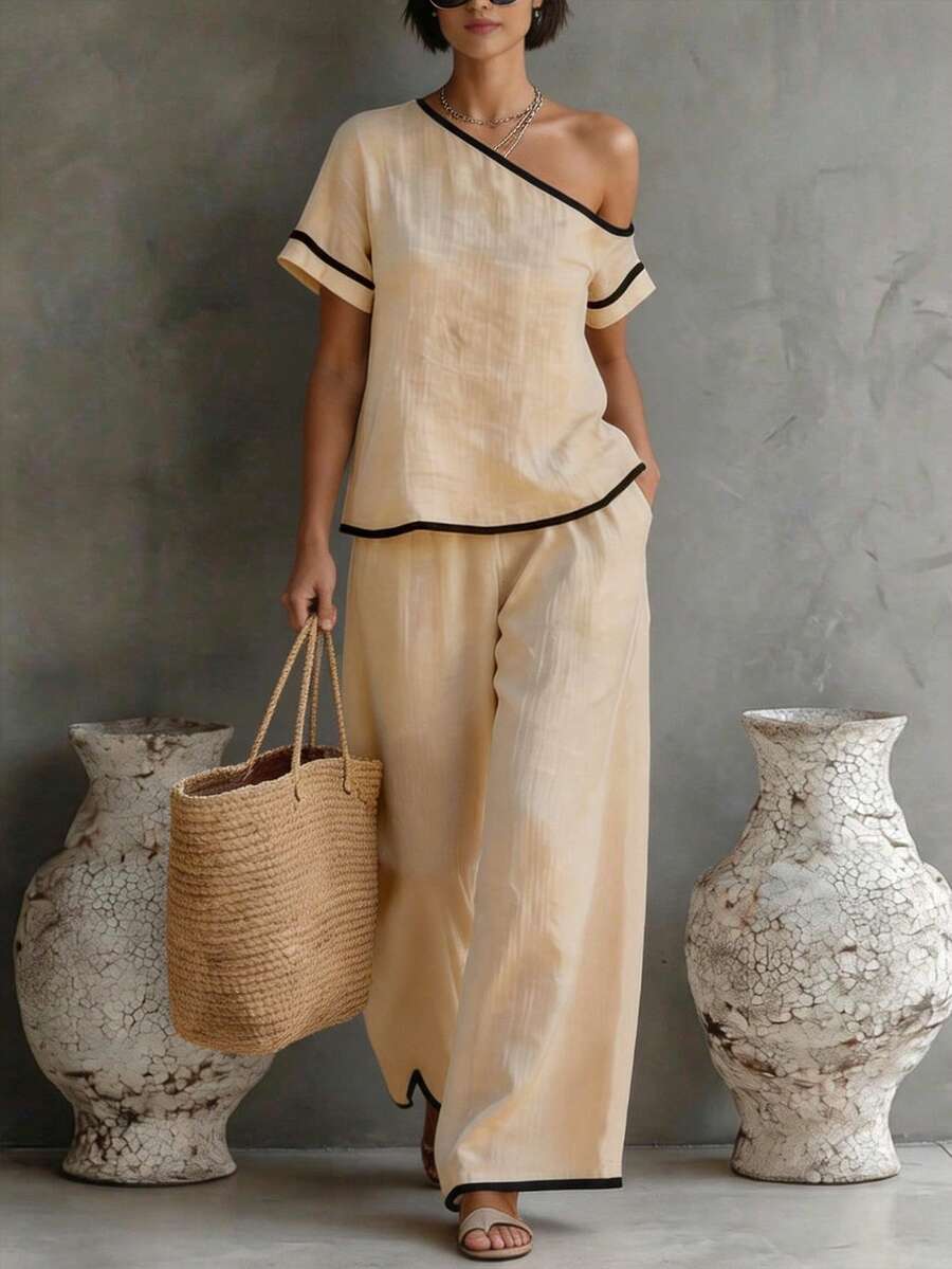 Womens Beige Asymmetric Top An - Linen Pant Wide avis et prix