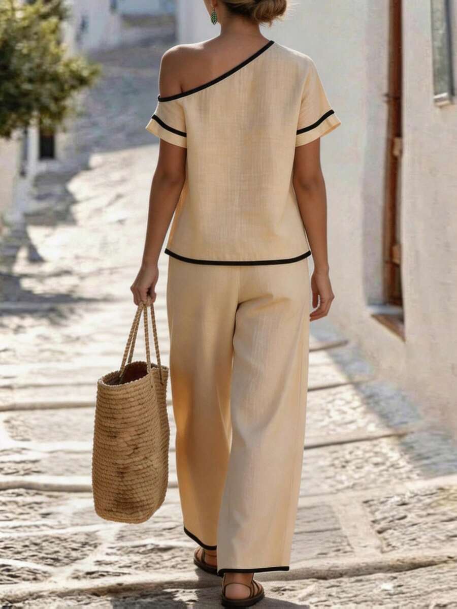 Womens Beige Asymmetric Top An - Linen Pant Wide avis et prix
