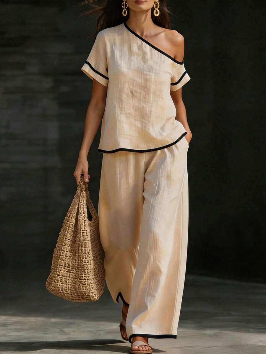 Womens Beige Asymmetric Top An - Linen Pant Wide avis et prix