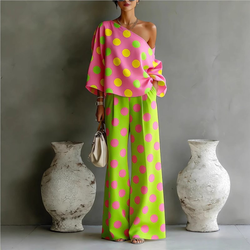 Women's Polka Dot 2 Piece Outf - Blouse Off Shoulder avis et prix