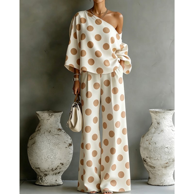 Women's Polka Dot 2 Piece Outf - Blouse Off Shoulder avis et prix