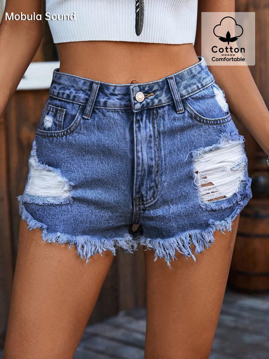 Ripped Denim Shorts High Waist - Shorts Denim Frayed avis et prix