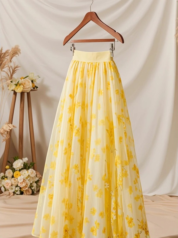 Summer 2026 High Waist Yellow  - Midi Skirt Floral avis et prix
