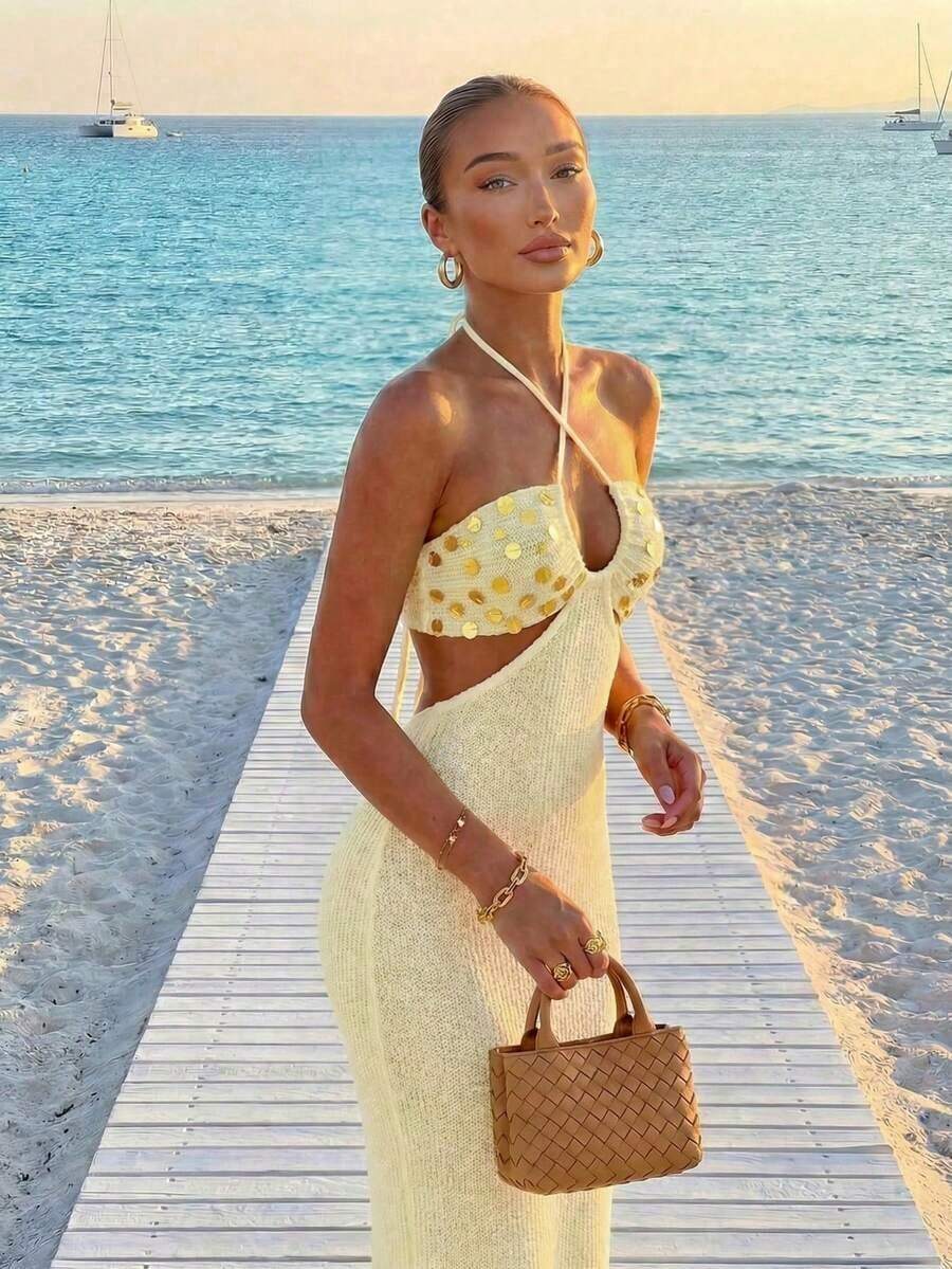 Womens Bohemian Sequin Spaghet - Maxi Dress Halter avis et prix