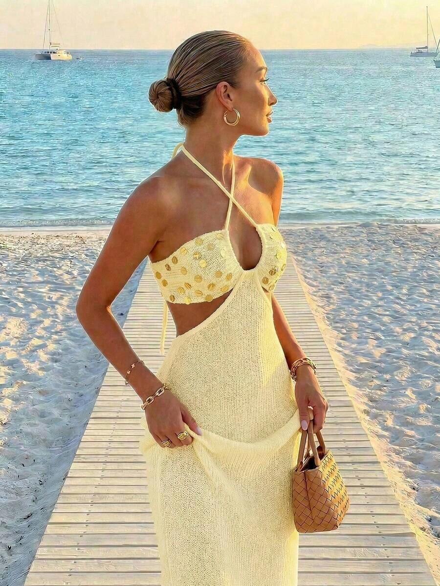 Womens Bohemian Sequin Spaghet - Maxi Dress Halter avis et prix