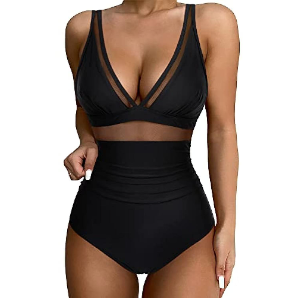Women Deep V Mesh Cutout One P - Swimsuit Bikini Ruched avis et prix