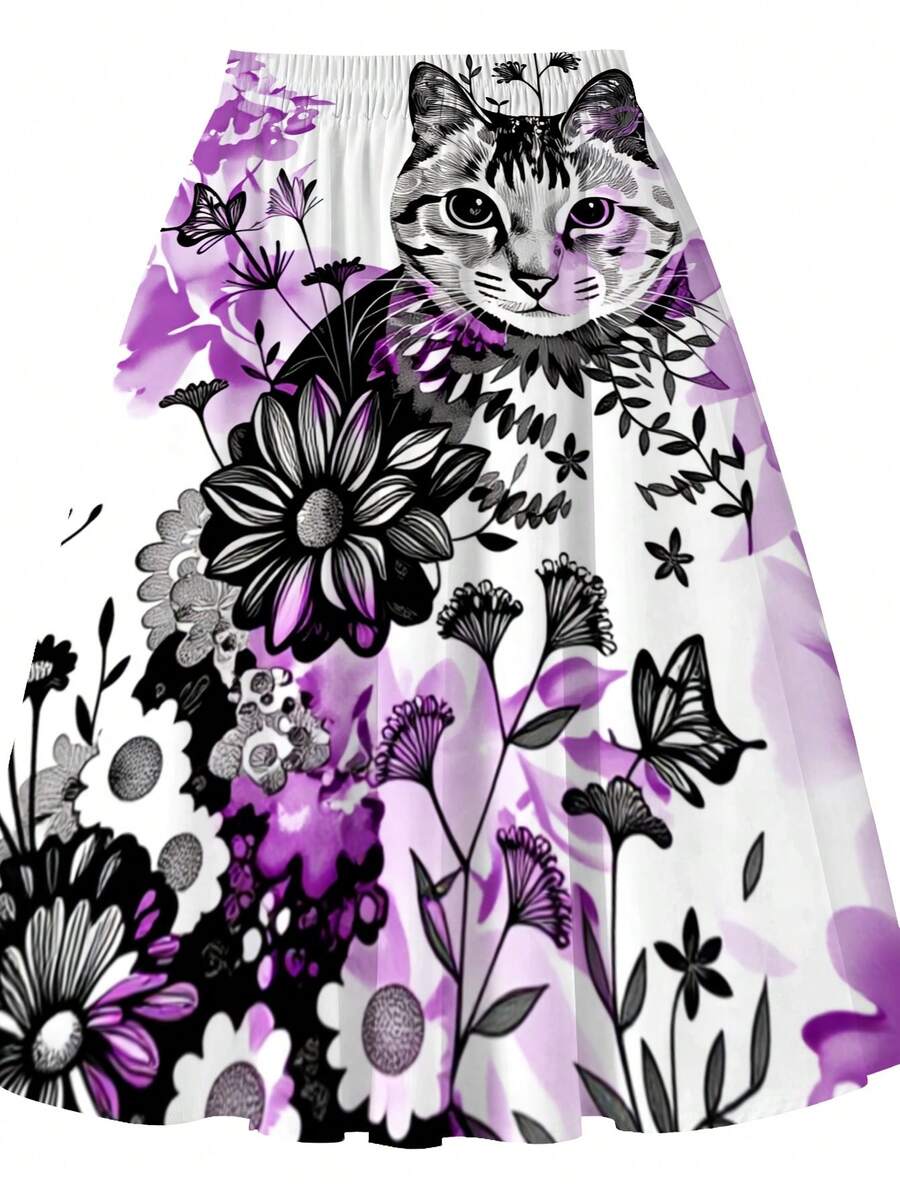 Oversized Floral Cat Print Mid - Midi Skirt Floral avis et prix