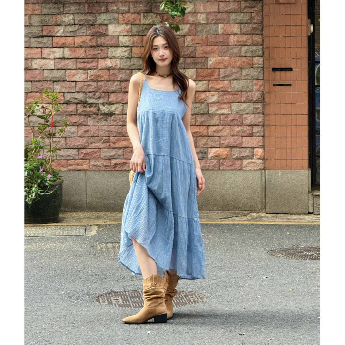Elegant Blue Plaid Cotton Line - Linen Dress Wrap avis et prix