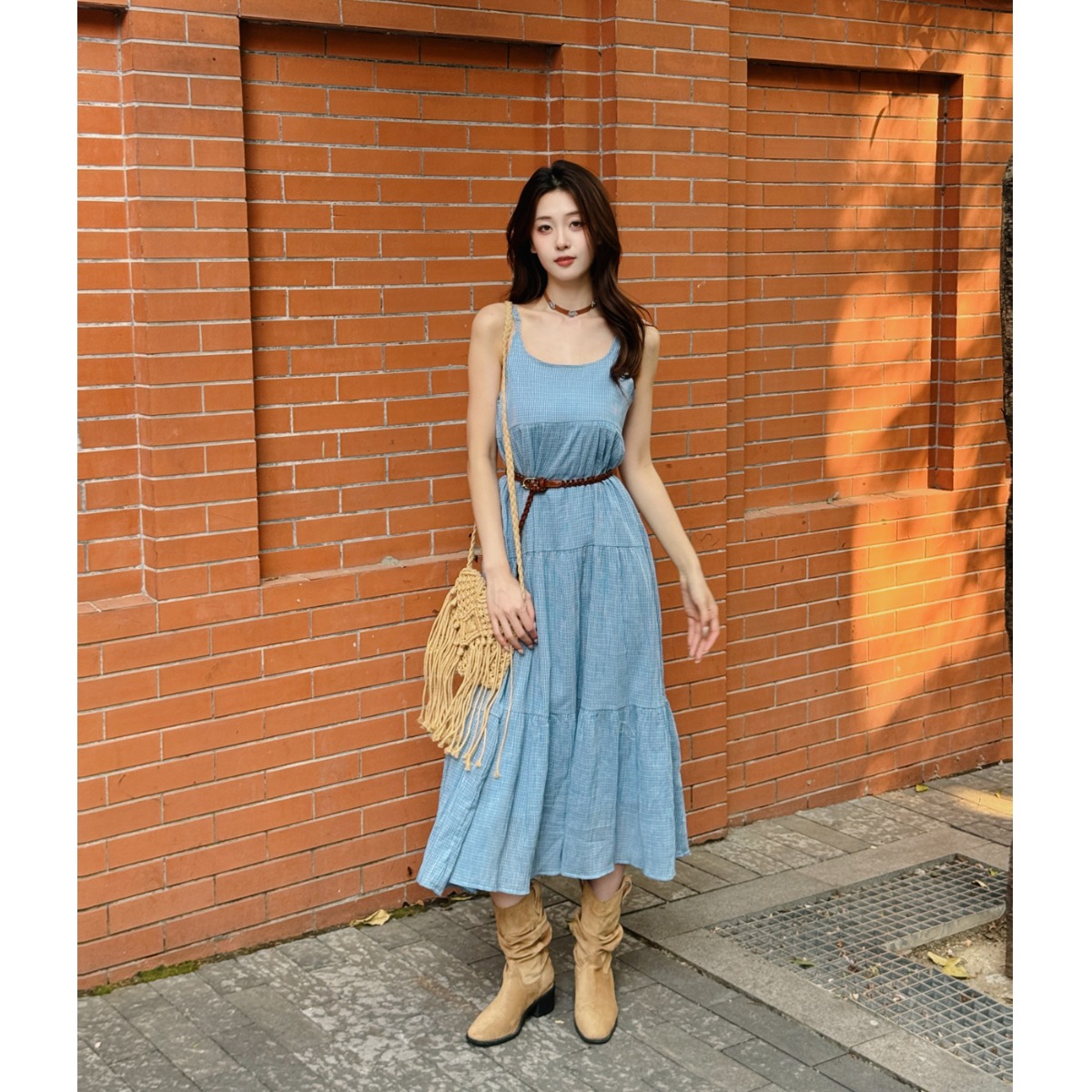 Elegant Blue Plaid Cotton Line - Linen Dress Wrap avis et prix