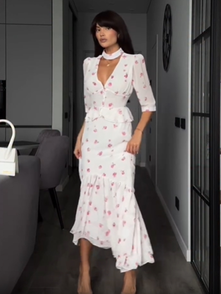 Women White Pink Floral Choker - Midi Skirt Floral avis et prix