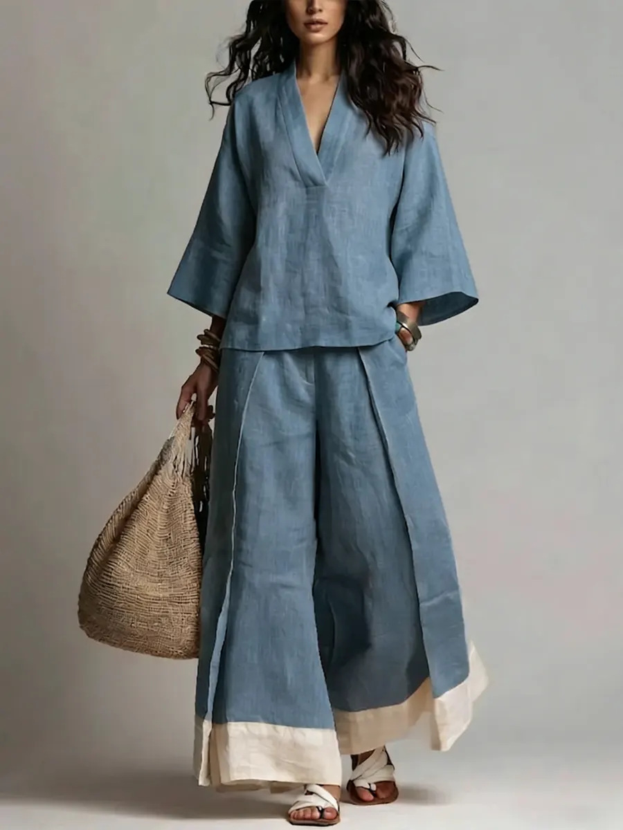 Summer Women V-neck Cotton Lin - Linen Pant Wide avis et prix