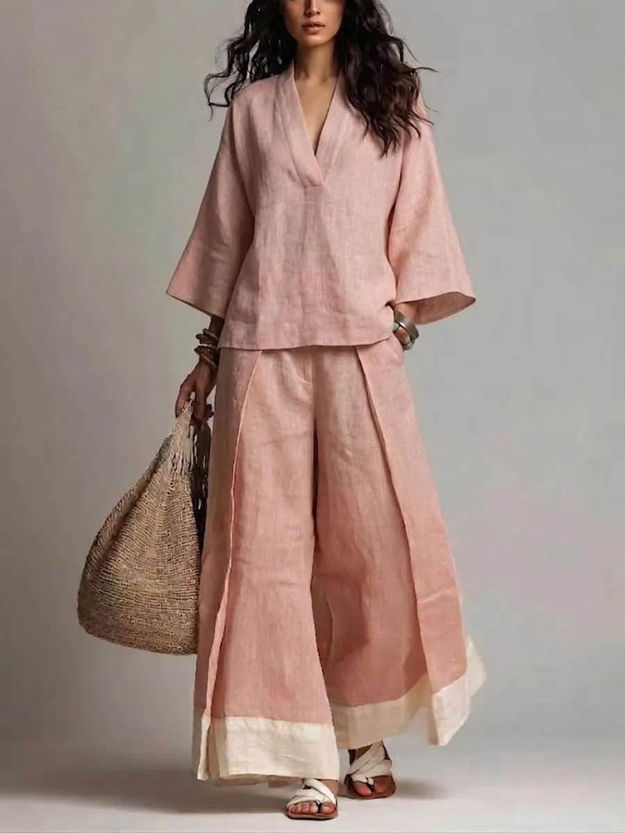 Summer Women V-neck Cotton Lin - Linen Pant Wide avis et prix