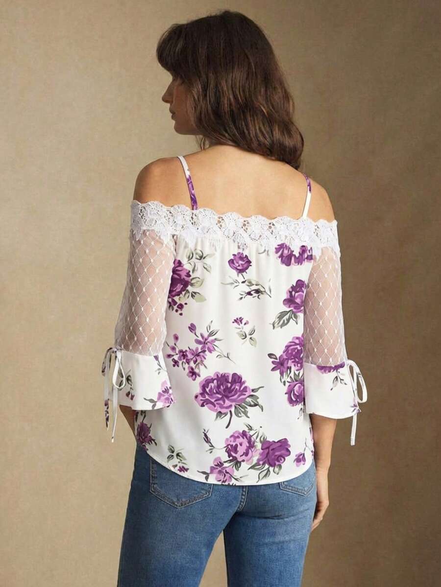 Purple Floral Print Off Should - Blouse Off Shoulder avis et prix