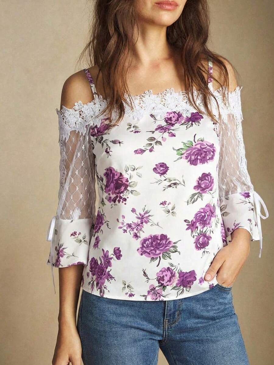 Purple Floral Print Off Should - Blouse Off Shoulder avis et prix