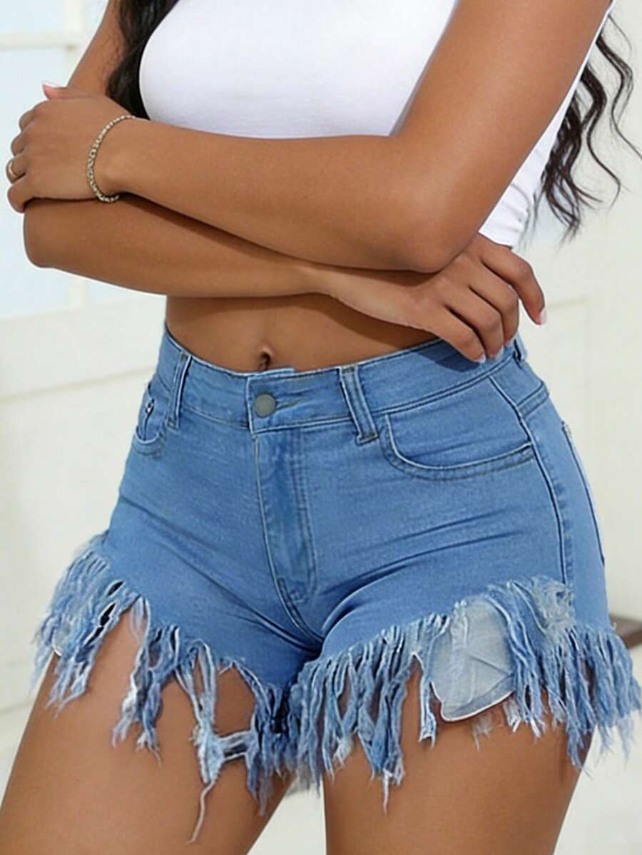 Distressed Frayed Hem Denim Sh - Shorts Denim Frayed avis et prix