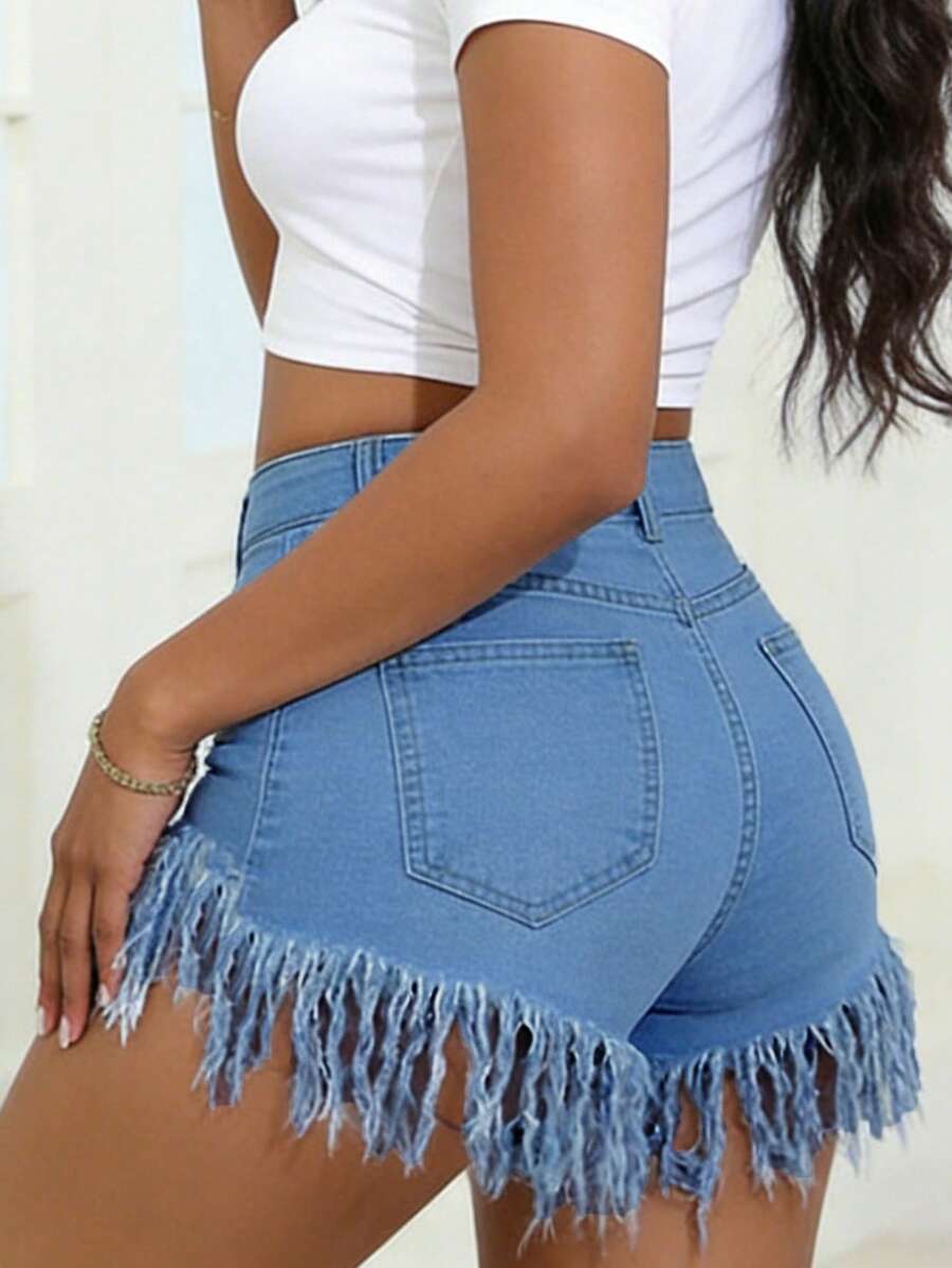 Distressed Frayed Hem Denim Sh - Shorts Denim Frayed avis et prix