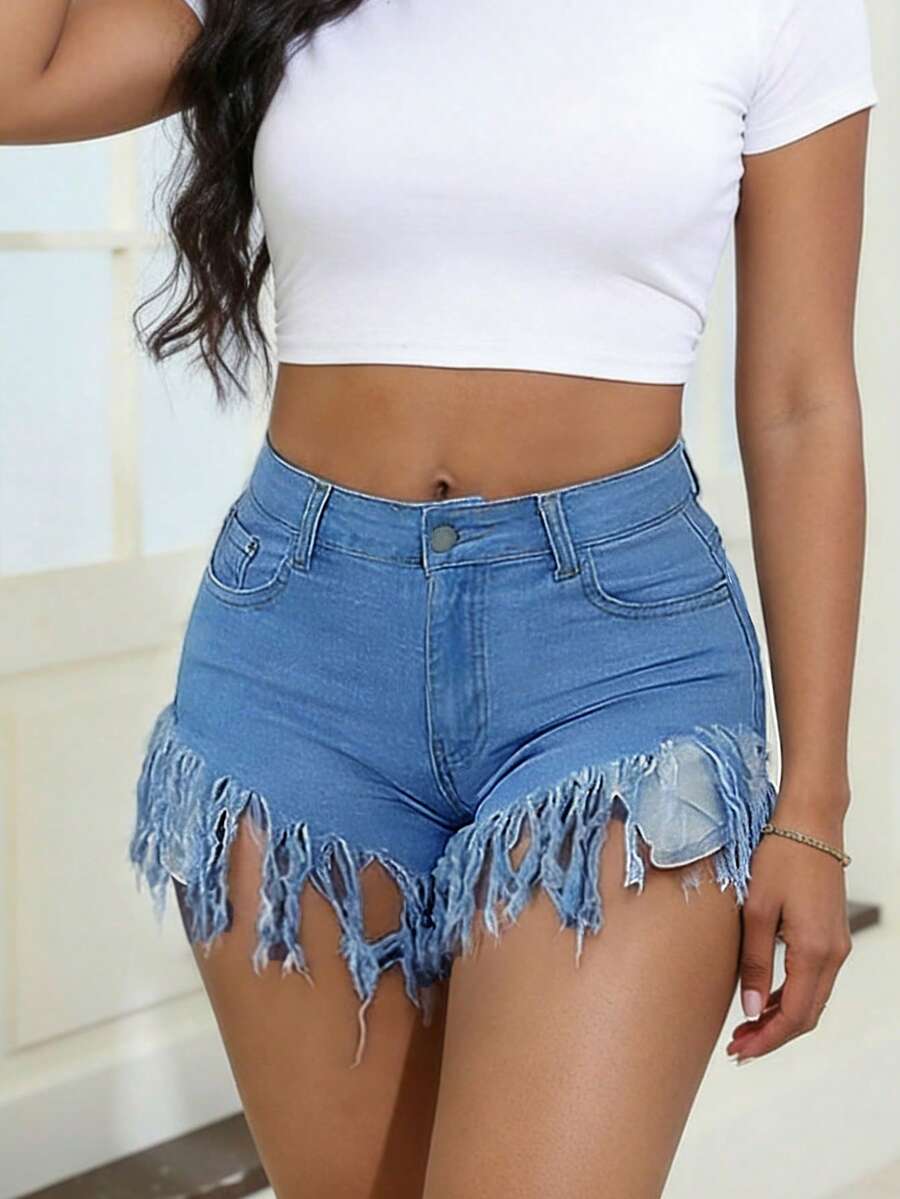 Distressed Frayed Hem Denim Sh - Shorts Denim Frayed avis et prix